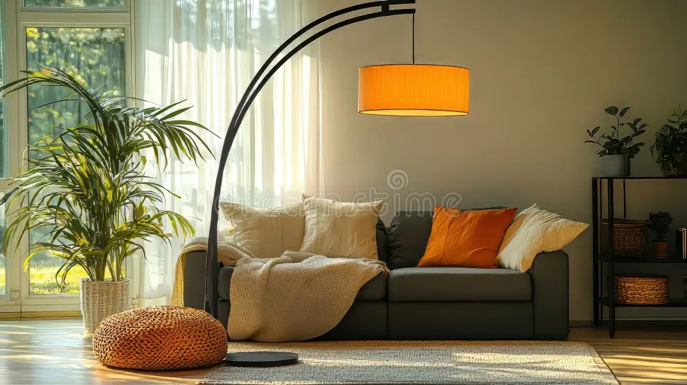 acogedor diseño interior de salón con lámpara suelo y plantas modernas una sala estar iluminada por la luz del sol un 397433229